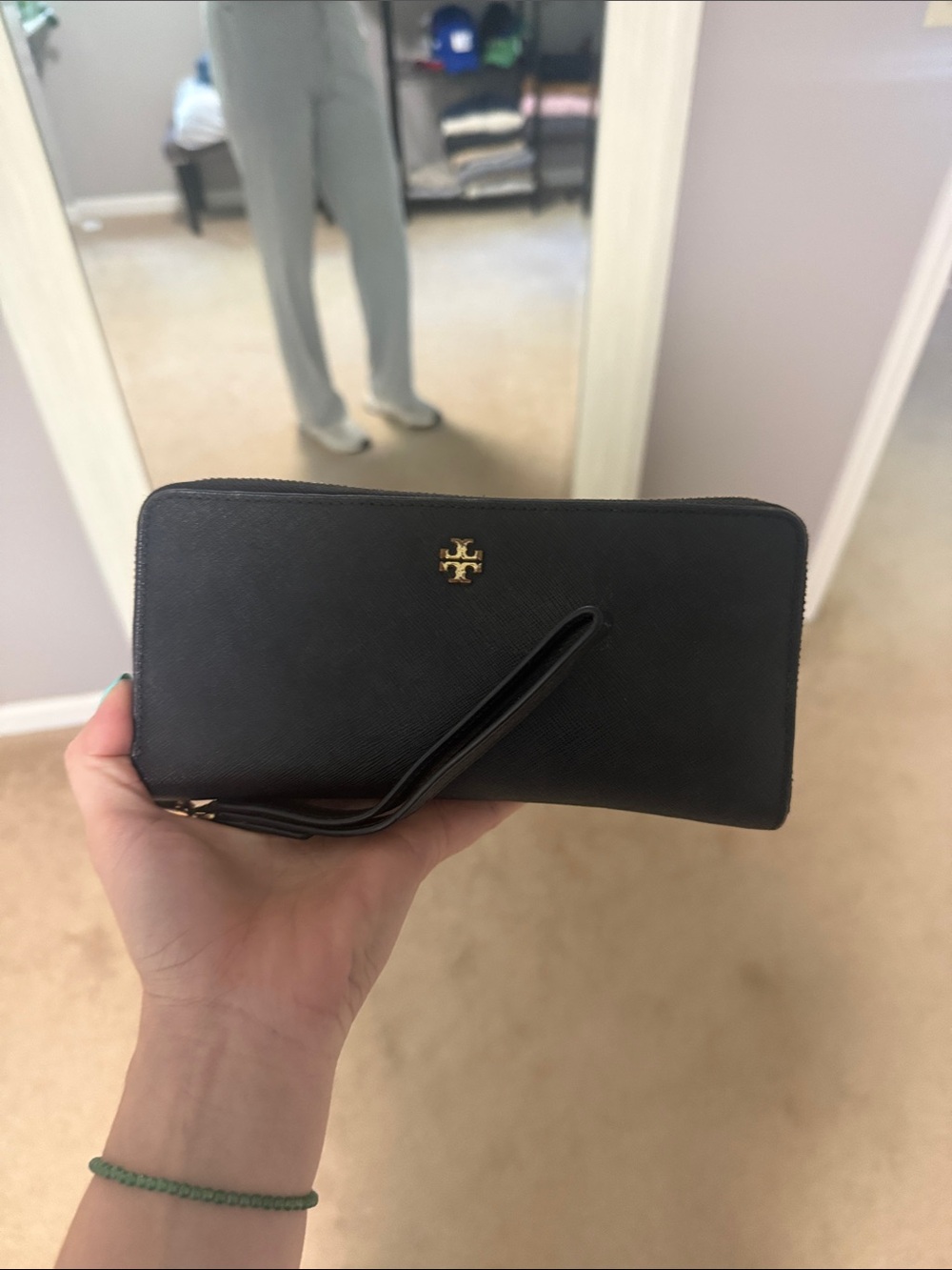 Tory Burch Black Leather Zip Wristlet with Gold Logo